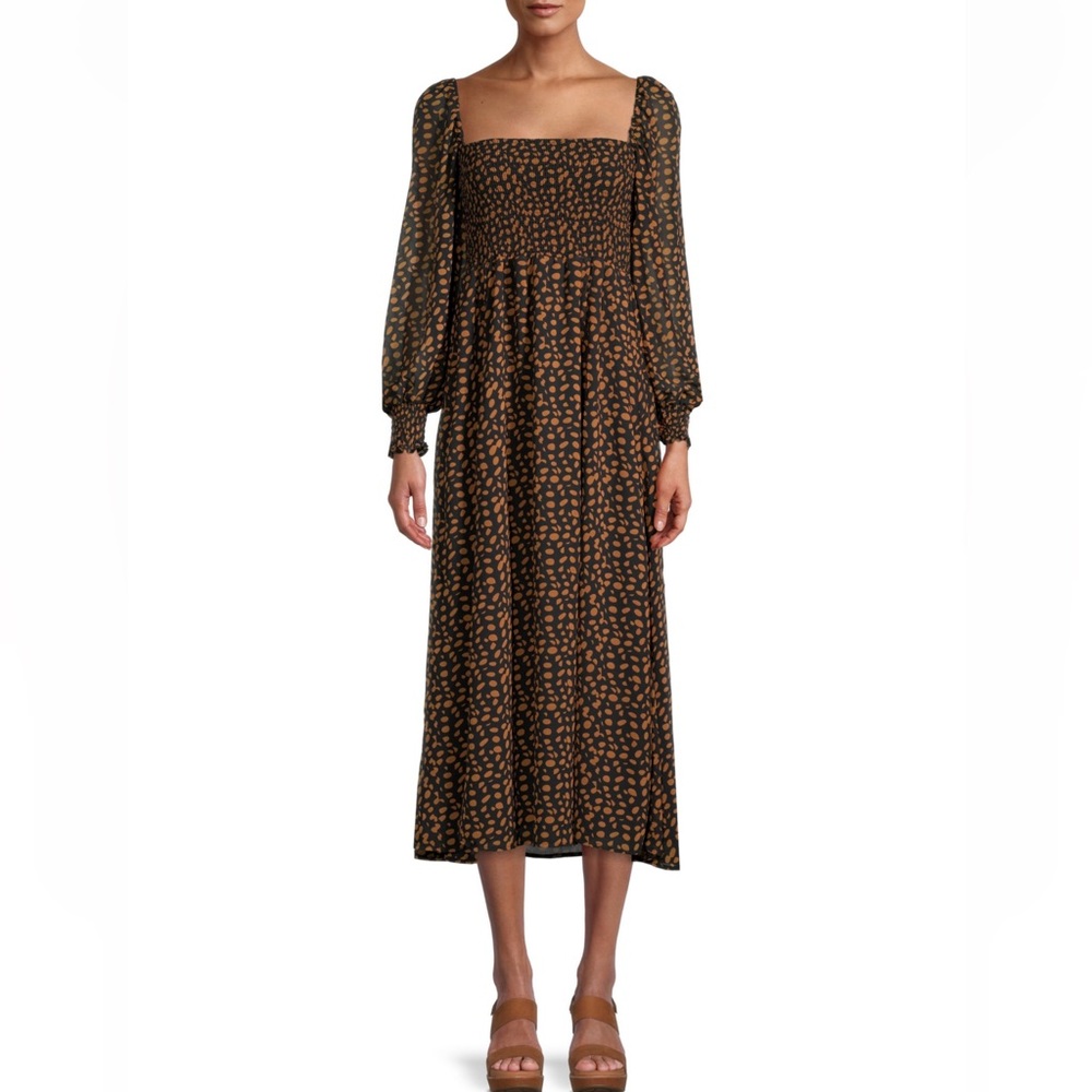 CAARA Long Sleeve Printed Midi Dress with Slit